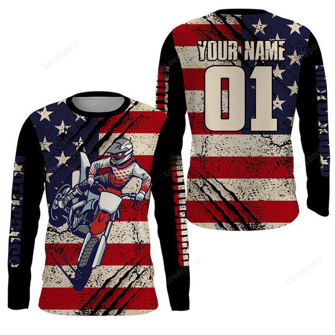 FUNSTUFFPRINT Custom American Flag MX Jersey, Dirt Bike Shirt, Men Women Motocross Patriotic 3D Long Sleeve T-Shirt