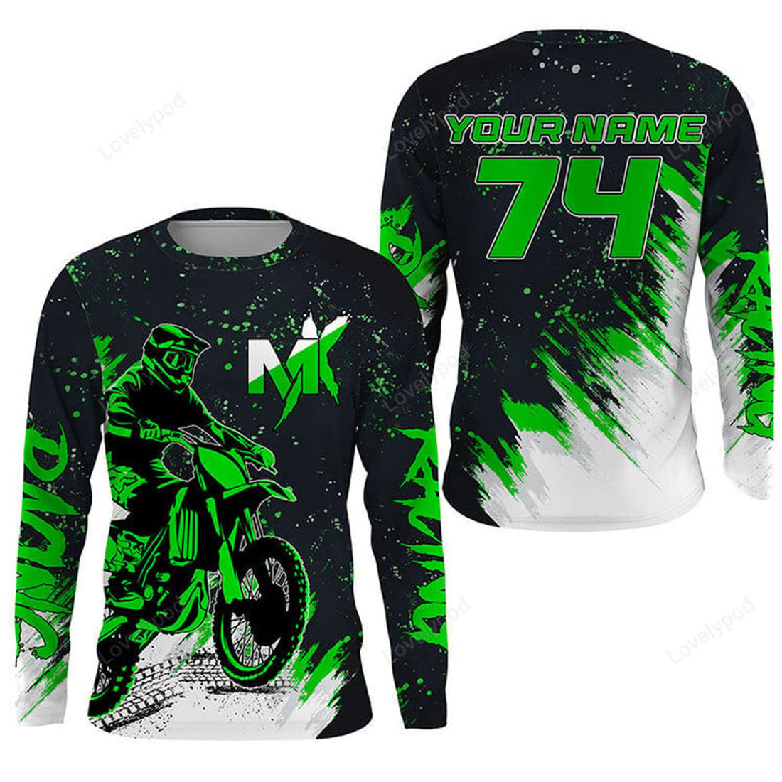 FUNSTUFFPRINT Custom Green Motocross Racing Jersey Men Women, Custom Dirt Bike Shirt Off-Road 3D Long Sleeve T-Shirt