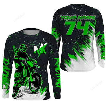 FUNSTUFFPRINT Custom Green Motocross Racing Jersey Men Women, Custom Dirt Bike Shirt Off-Road 3D Long Sleeve T-Shirt