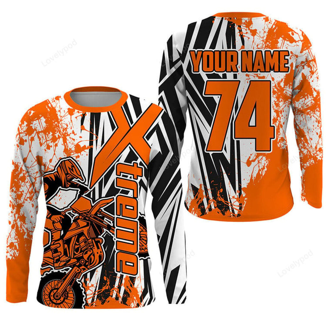 FUNSTUFFPRINT Custom Motocross Jersey, Orange Men Women Xtreme Dirt Bike Shirt Racing 3D Long Sleeve T-Shirt