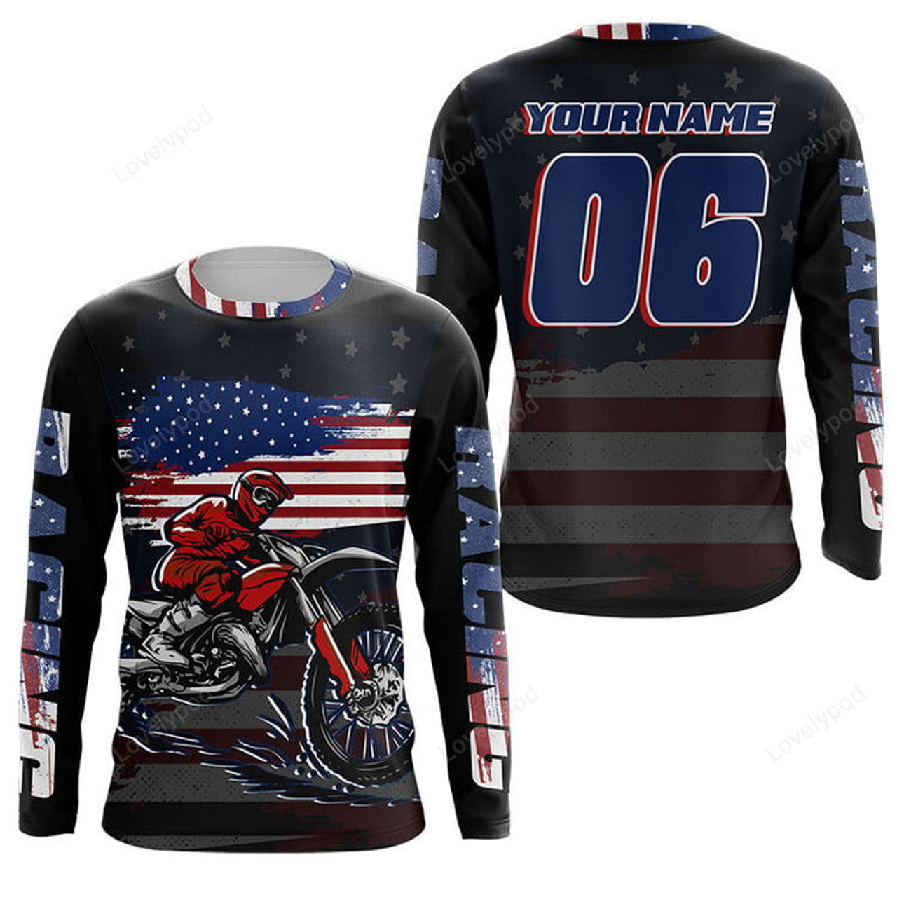 FUNSTUFFPRINT Custom USA Motocross adult jersey, personalized patriotic off-road biker shirt motorcycle 3D Long Sleeve T-Shirt
