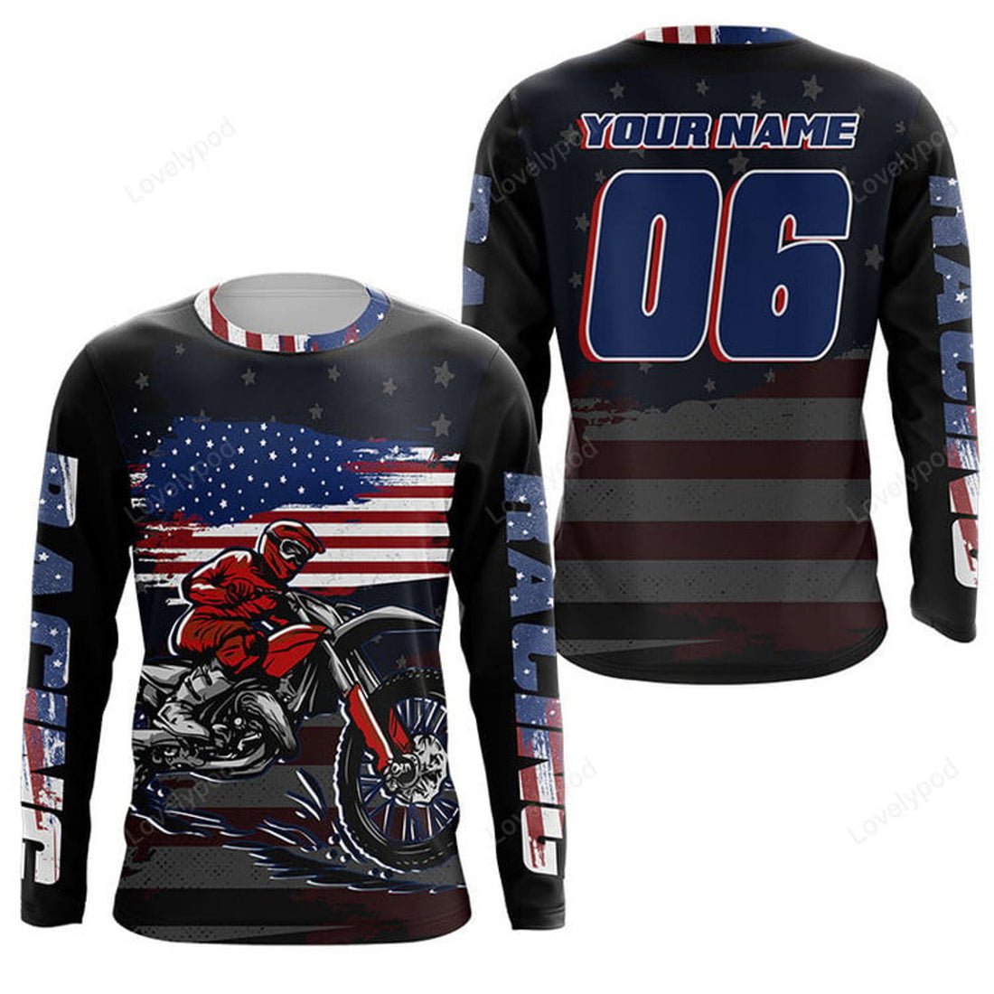 FUNSTUFFPRINT Custom USA Motocross adult jersey, personalized patriotic off-road biker shirt motorcycle 3D Long Sleeve T-Shirt