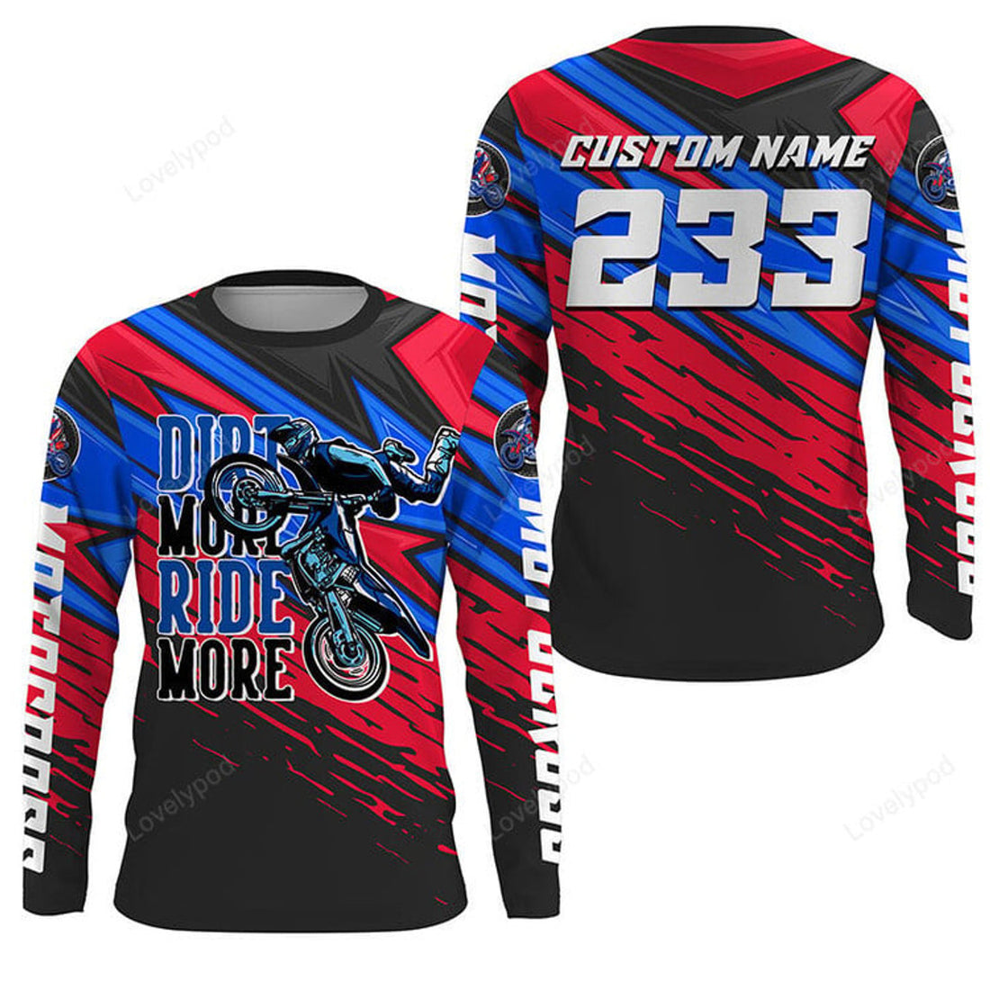 FUNSTUFFPRINT Custom Motocross Jersey, Dirt More Ride More Dirt Bike Racing Off-road Motorcycle Racewear 3D Long Sleeve T-Shirt