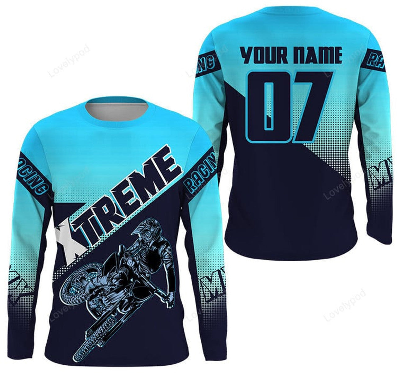 FUNSTUFFPRINT Custom Xtreme MX Racing Jersey, Custom Motocross Blue, Dirt Bike Off-road Motorcycle 3D Long Sleeve T-Shirt