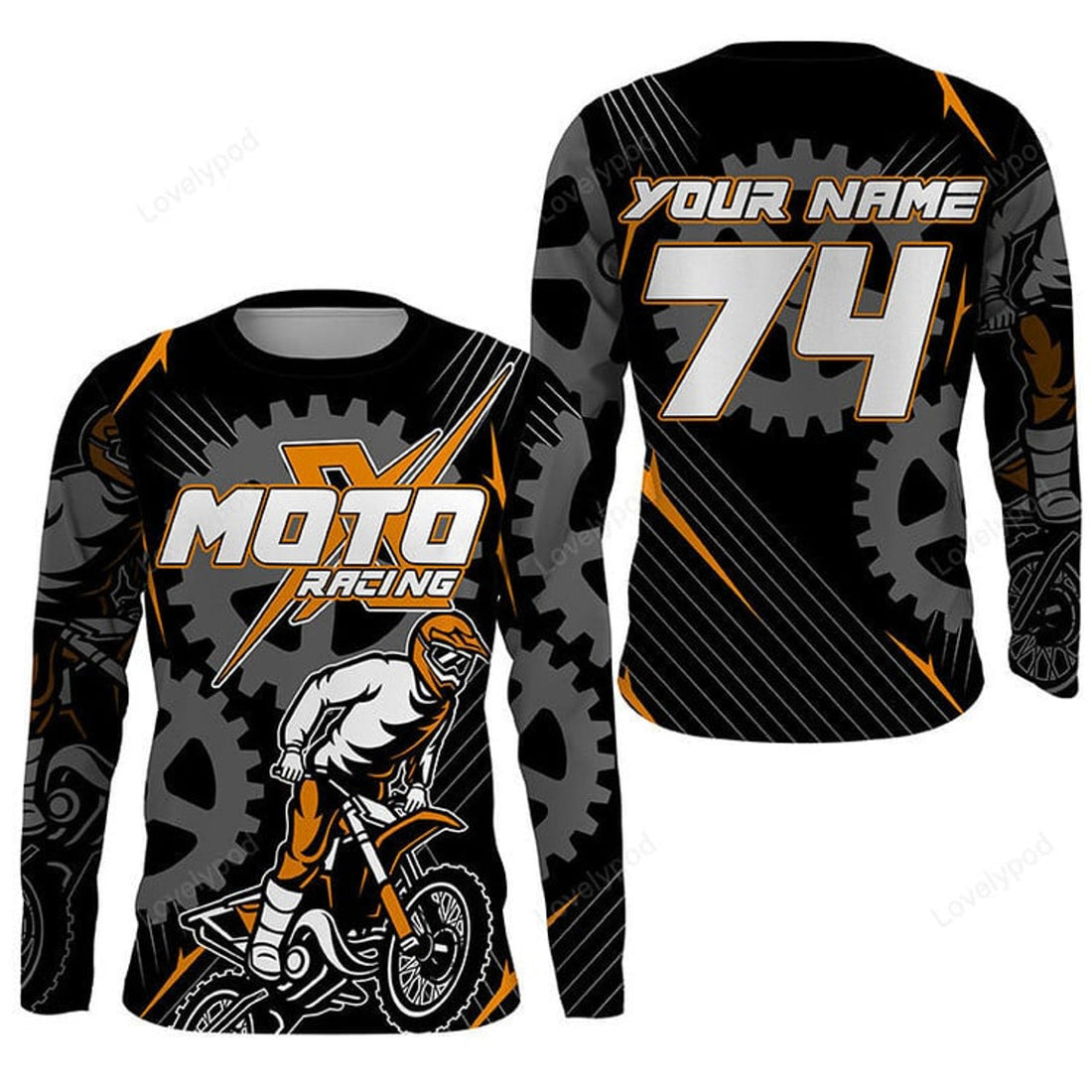 FUNSTUFFPRINT Custom orange dirt bike jersey, Motocross racing, Moto X off-road 3D Long Sleeve T-Shirt