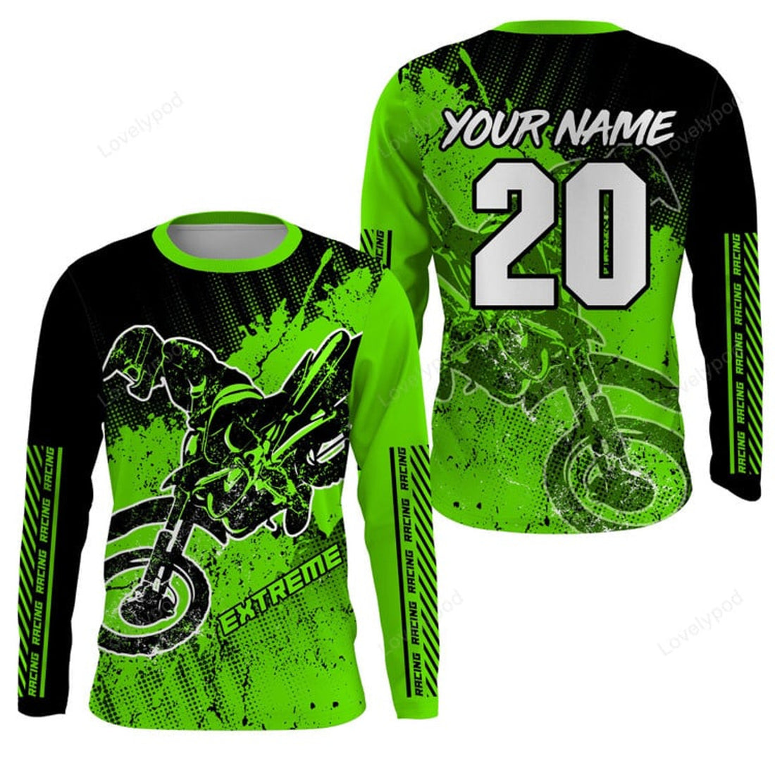 FUNSTUFFPRINT Custom Green Motocross kid men women jersey, custom extreme off-road dirt bike shirt motorcycle 3D Long Sleeve T-Shirt