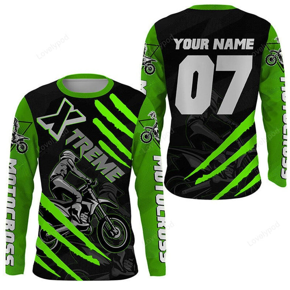 FUNSTUFFPRINT Custom Xtreme Motocross UV green MX jersey, biker racing shirt motorcycle 3D Long Sleeve T-Shirt