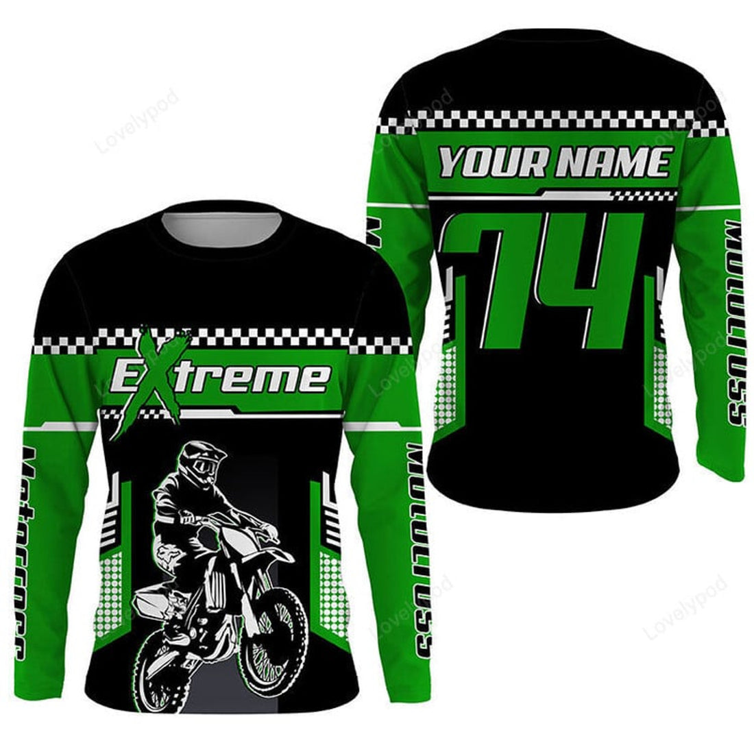 FUNSTUFFPRINT Custom Motocross jersey personalized extreme dirt bike youth men women green MX racing 3D Long Sleeve T-Shirt