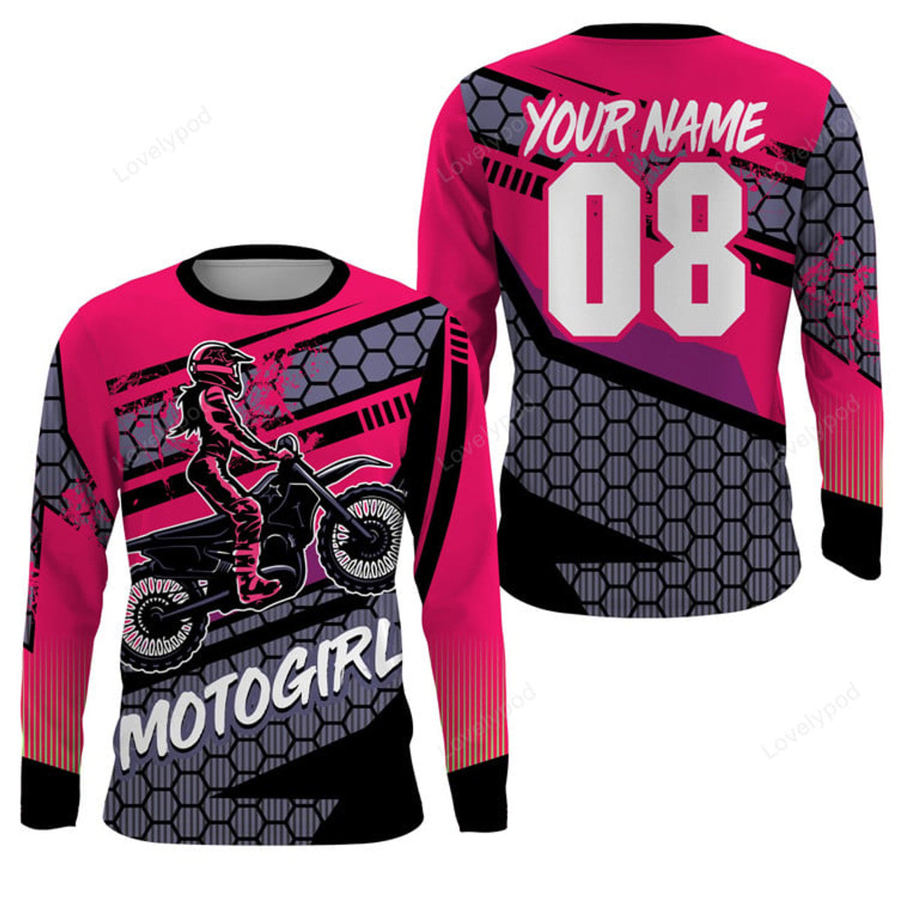 FUNSTUFFPRINT Custom Moto Girl jersey, motocross women girls biker dirt bike racing 3D Long Sleeve T-Shirt