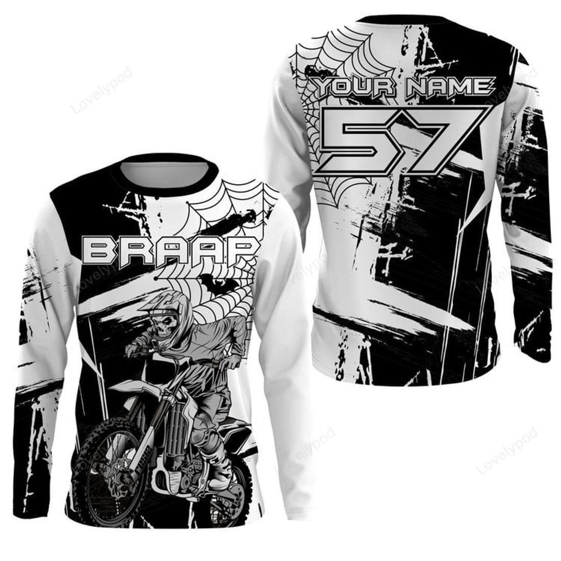 FUNSTUFFPRINT Custom Skull black MX jersey Motocross, custom dirt bike off-road motorcycle 3D Long Sleeve T-Shirt