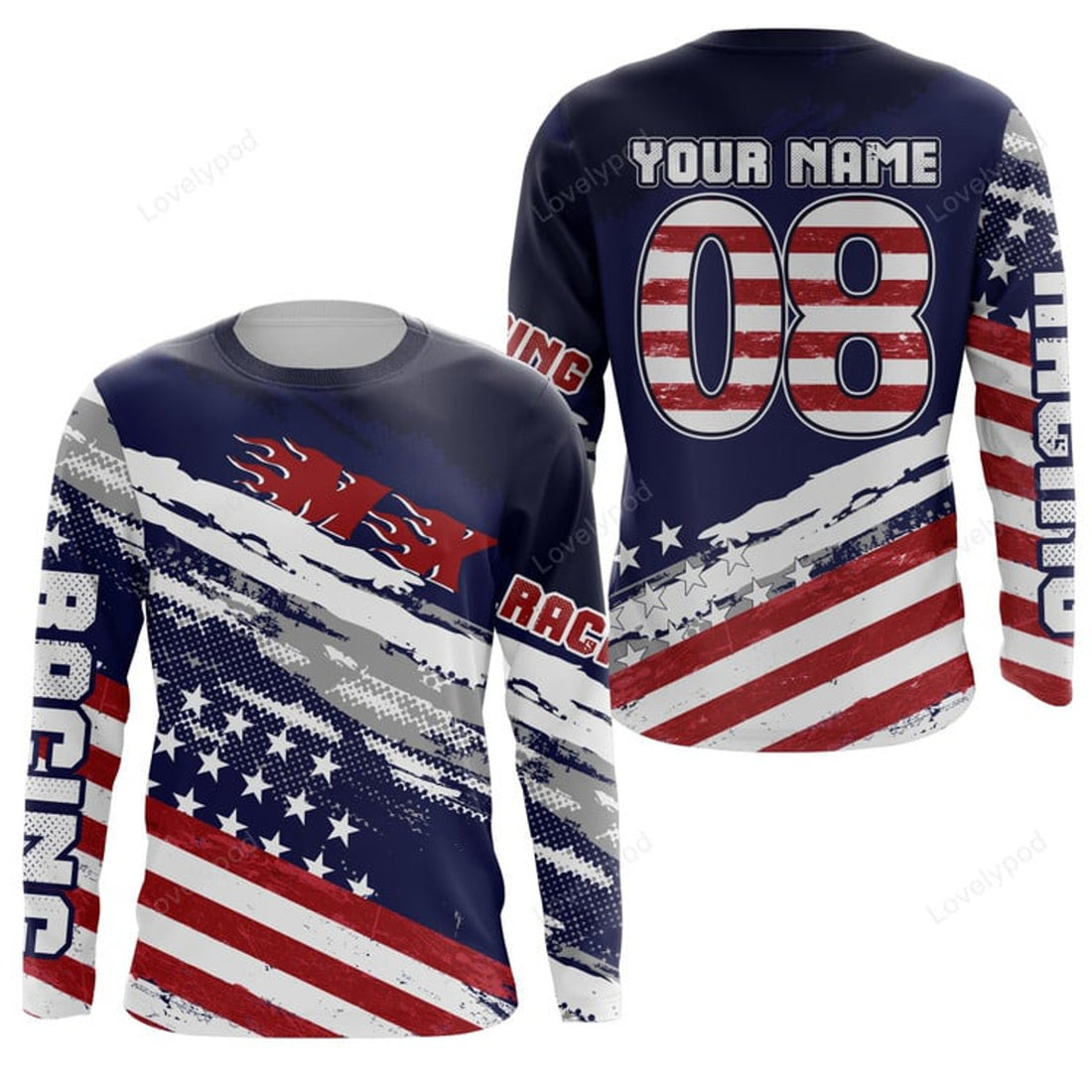 FUNSTUFFPRINT Custom MX dirt bike racing jersey, Motocross American flag motorcycle 3D Long Sleeve T-Shirt