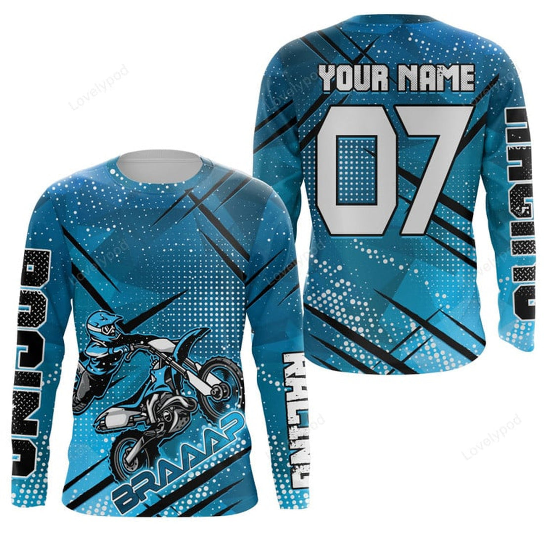 FUNSTUFFPRINT Custom Blue dirt bike racing jerseys, MX custom number & name motocross men UV offroad 3D Long Sleeve T-Shirt