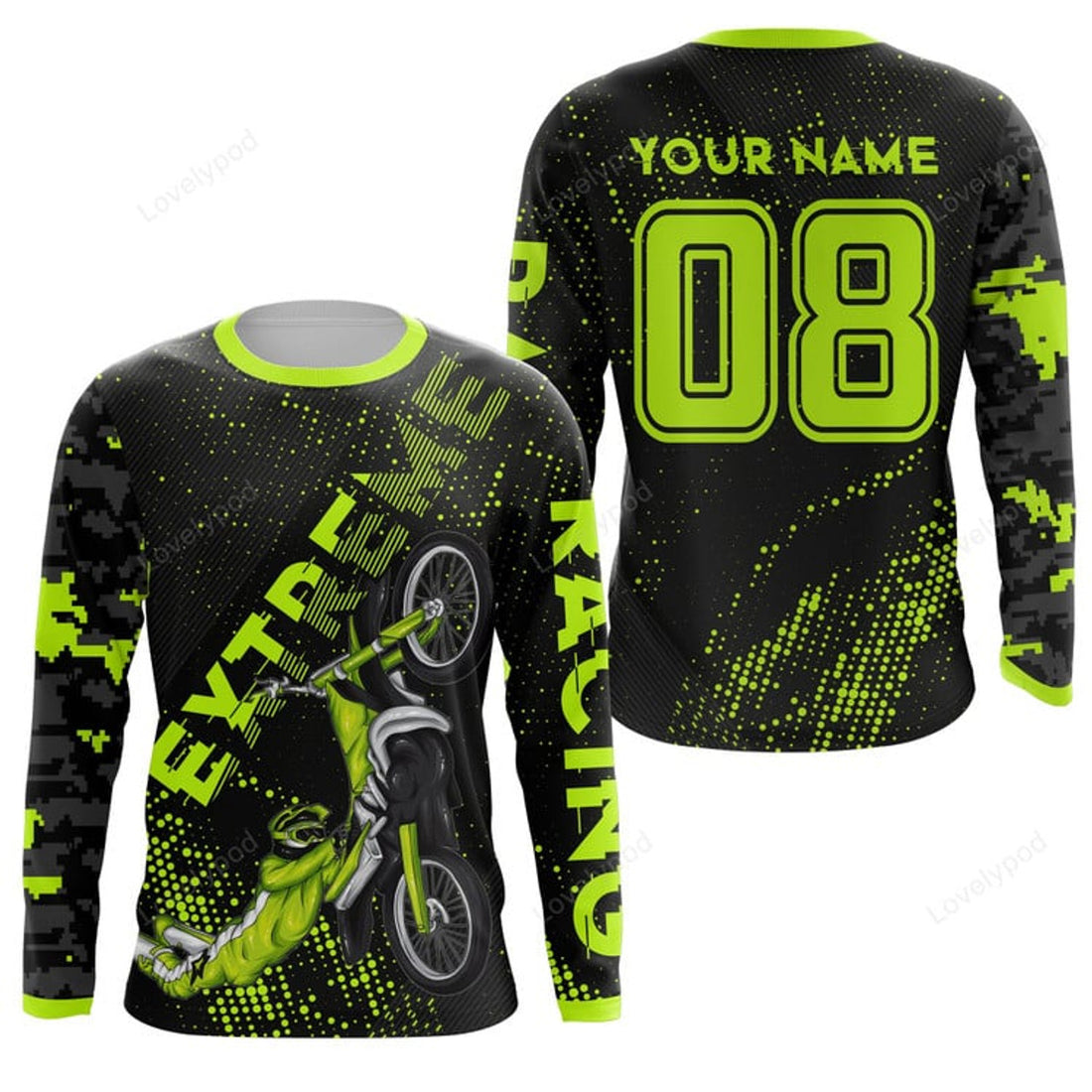 FUNSTUFFPRINT Custom dirt bike racing jersey men, UV camo motocross off-road motorcycle 3D Long Sleeve T-Shirt