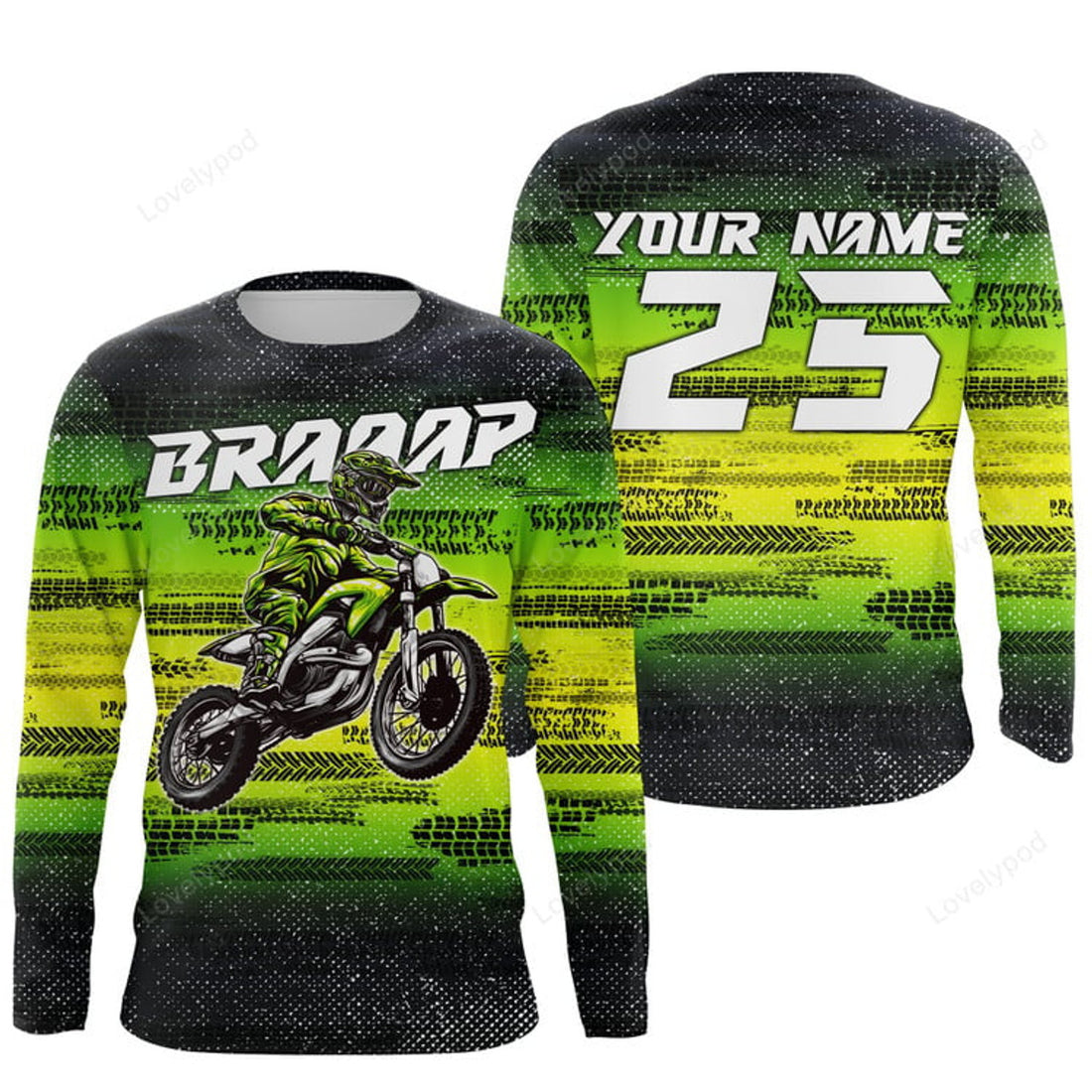 FUNSTUFFPRINT Custom dirt bike jersey, MX racing green Motocross off-road shirt, motorcycle 3D Long Sleeve T-Shirt