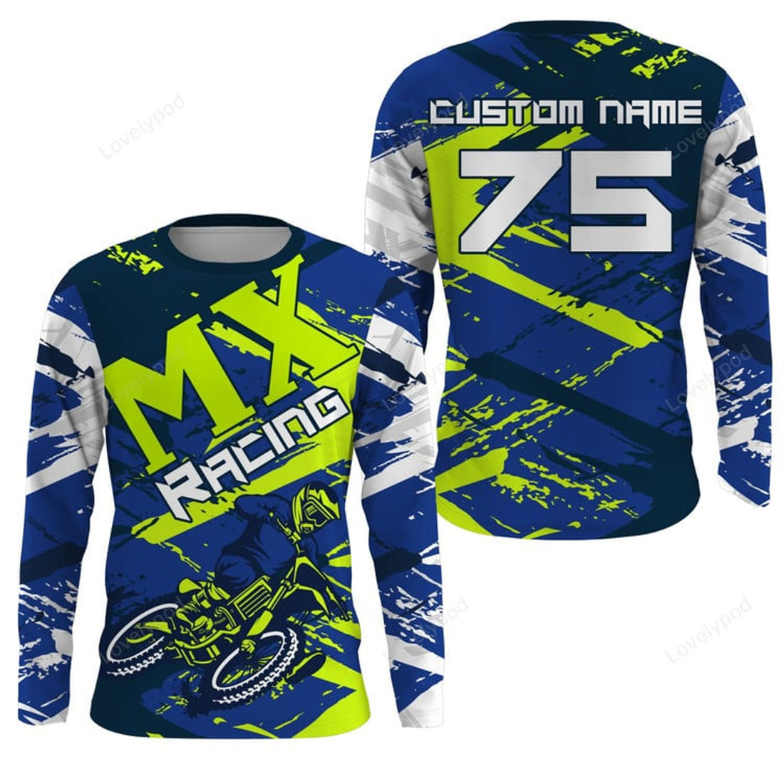FUNSTUFFPRINT Custom Blue Motocross jersey, dirt bike custom shirt for men women, MX racing off-road racewear 3D Long Sleeve T-Shirt