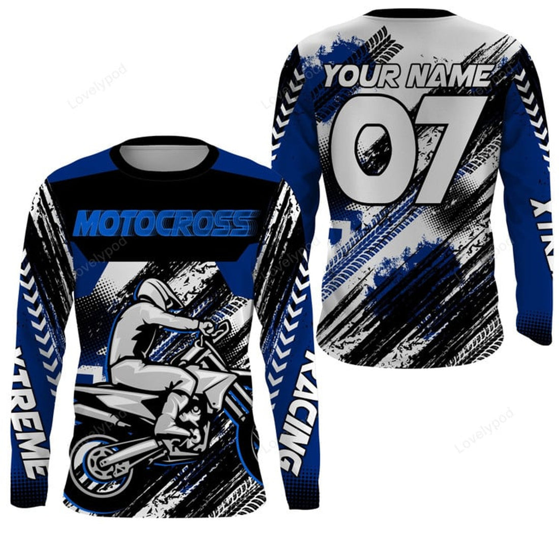 FUNSTUFFPRINT Custom Blue Motocross jersey, UV protective MX shirt for men women, dirt bike racing racewear 3D Long Sleeve T-Shirt