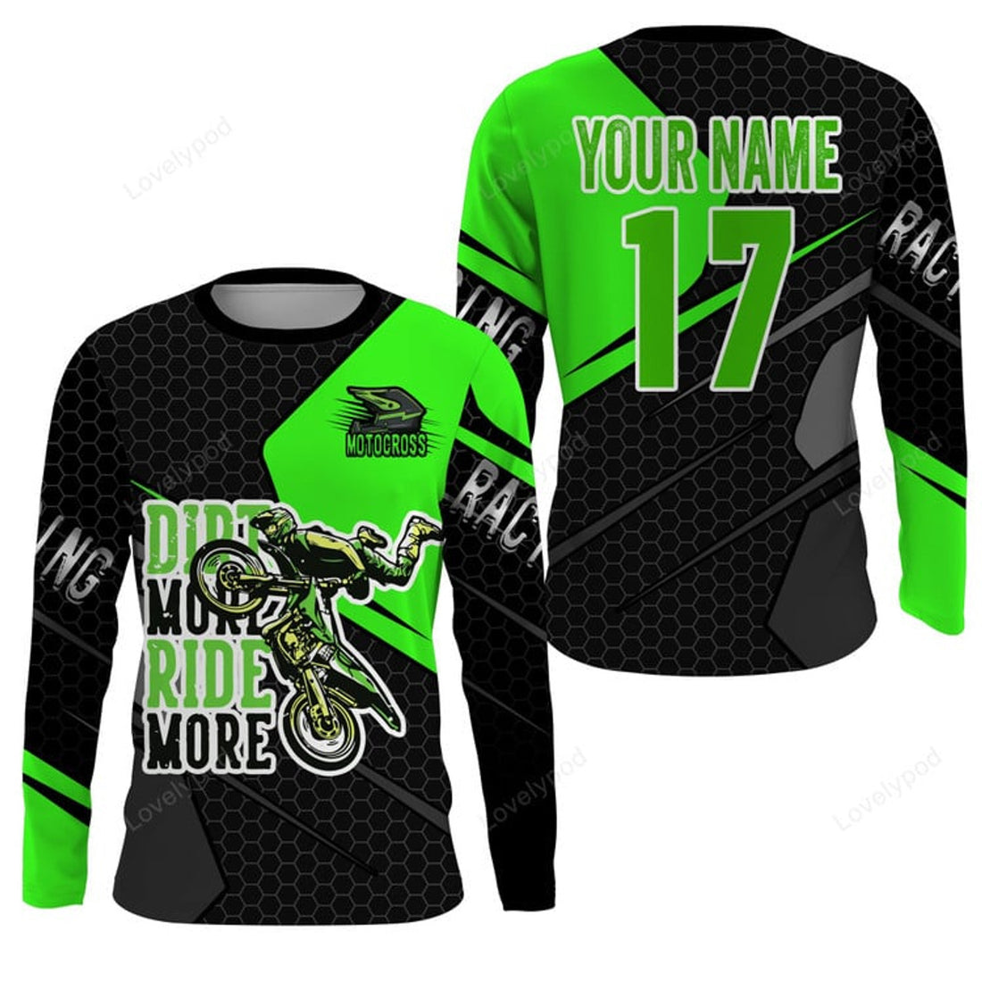 FUNSTUFFPRINT Custom MX green jersey Dirt More Ride More biker , off-road motorcycle racewear 3D Long Sleeve T-Shirt