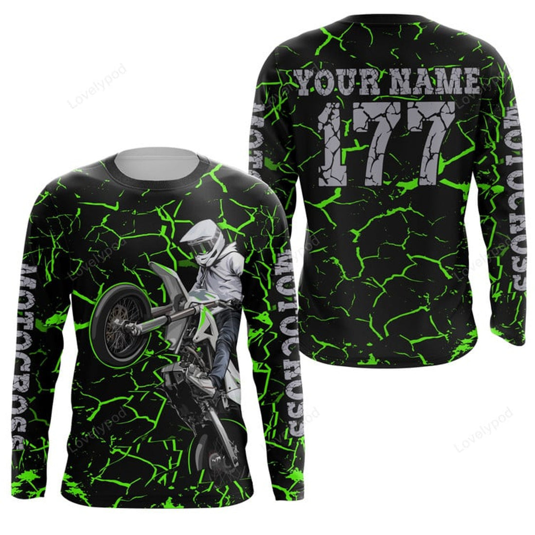 FUNSTUFFPRINT Custom Motocross racing jersey green shirt, custom UV protective off-road MX extreme biker 3D Long Sleeve T-Shirt