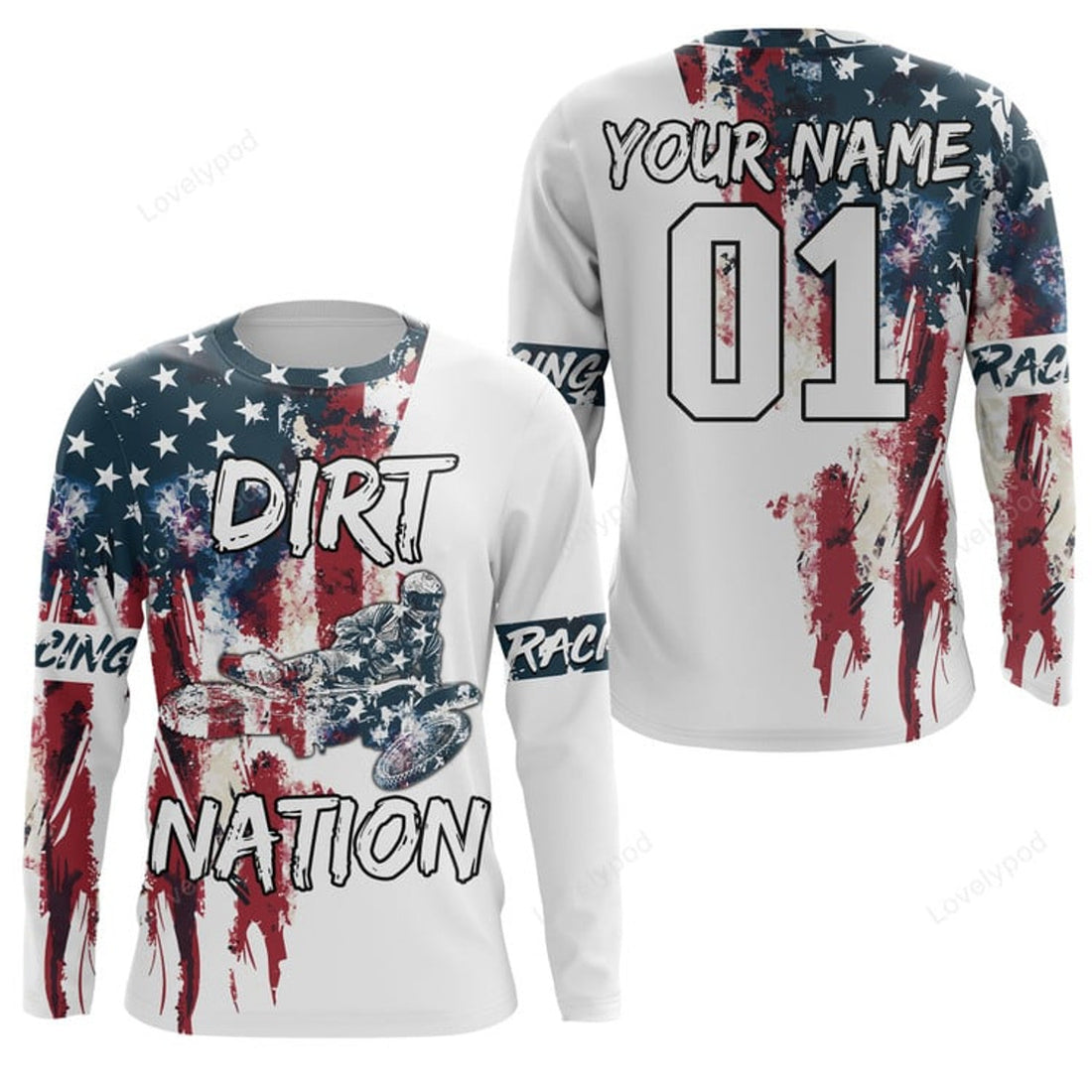 FUNSTUFFPRINT Custom Patriotic motocross jersey, Dirt Nation custom American flag MX racing motorcycle 3D Long Sleeve T-Shirt
