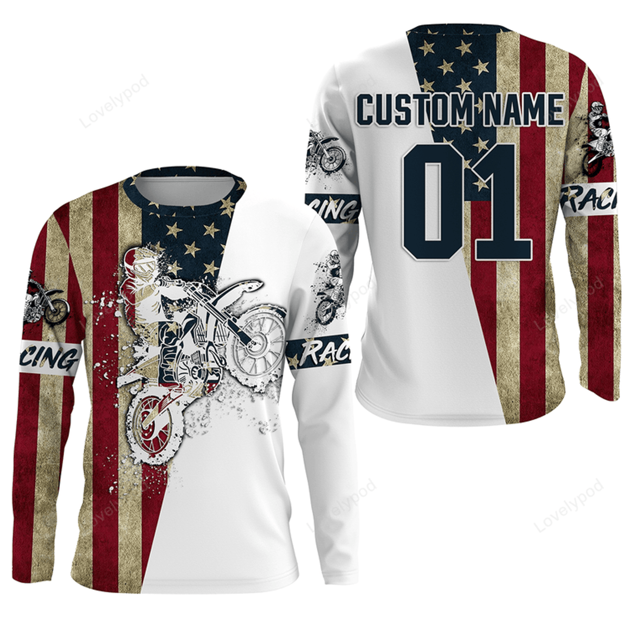 FUNSTUFFPRINT Custom Dirtbike racing jersey, custom Patriotic Motocross off-road American flag motorcycle racewear 3D Long Sleeve T-Shirt
