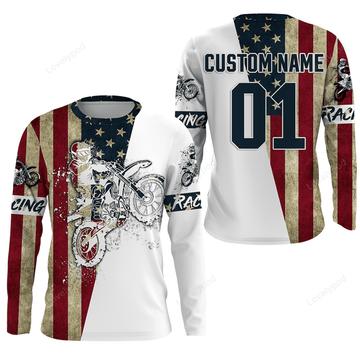FUNSTUFFPRINT Custom Dirtbike racing jersey, custom Patriotic Motocross off-road American flag motorcycle racewear 3D Long Sleeve T-Shirt