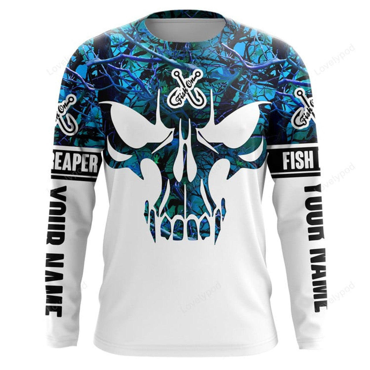 FUNSTUFFPRINT Custom Fishing Skull Fish On Fish Reaper Fishing Shirts, Fishing Jerseys Blue Camo 3D Long Sleeve T-Shirt