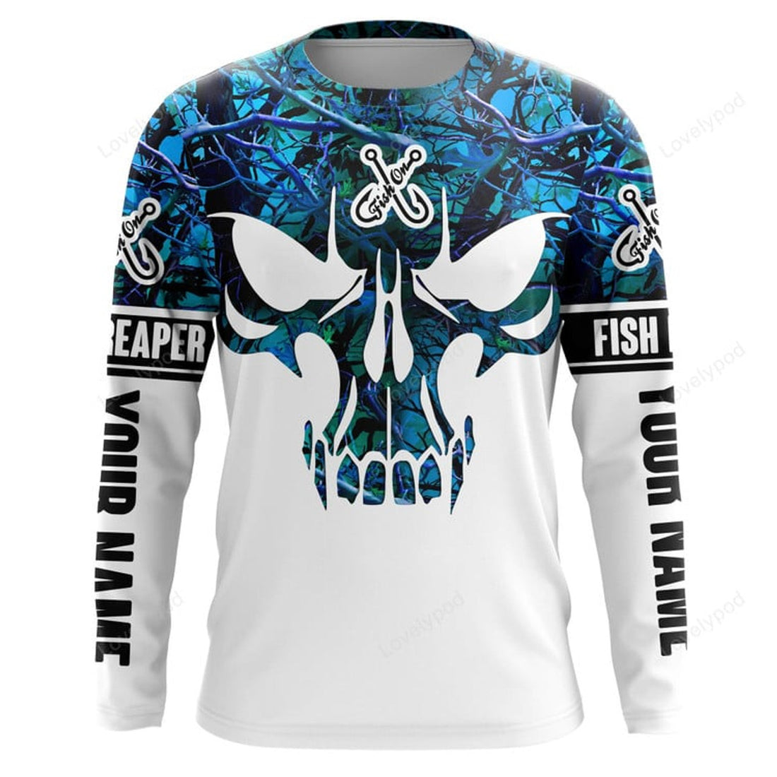 FUNSTUFFPRINT Custom Fishing Skull Fish On Fish Reaper Fishing Shirts, Fishing Jerseys Blue Camo 3D Long Sleeve T-Shirt