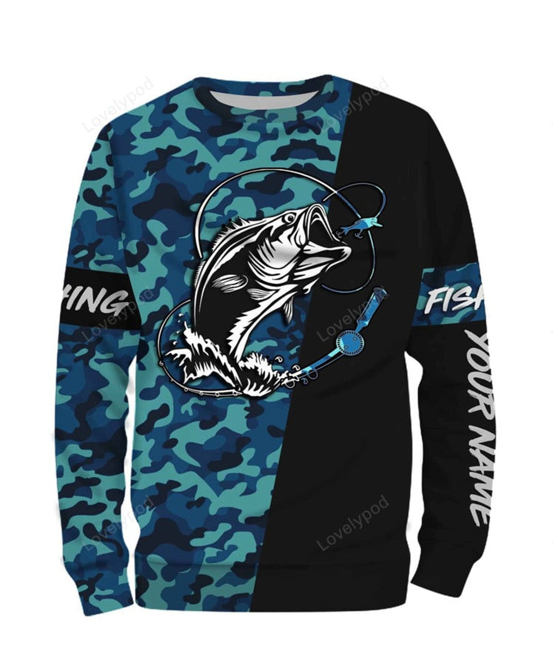 FUNSTUFFPRINT Custom Bass Fishing Sea Camo Custom Name Full Printing Shirts, Personalized fishing long sleeve for Men and Women 3D Long Sleeve T-Shirt