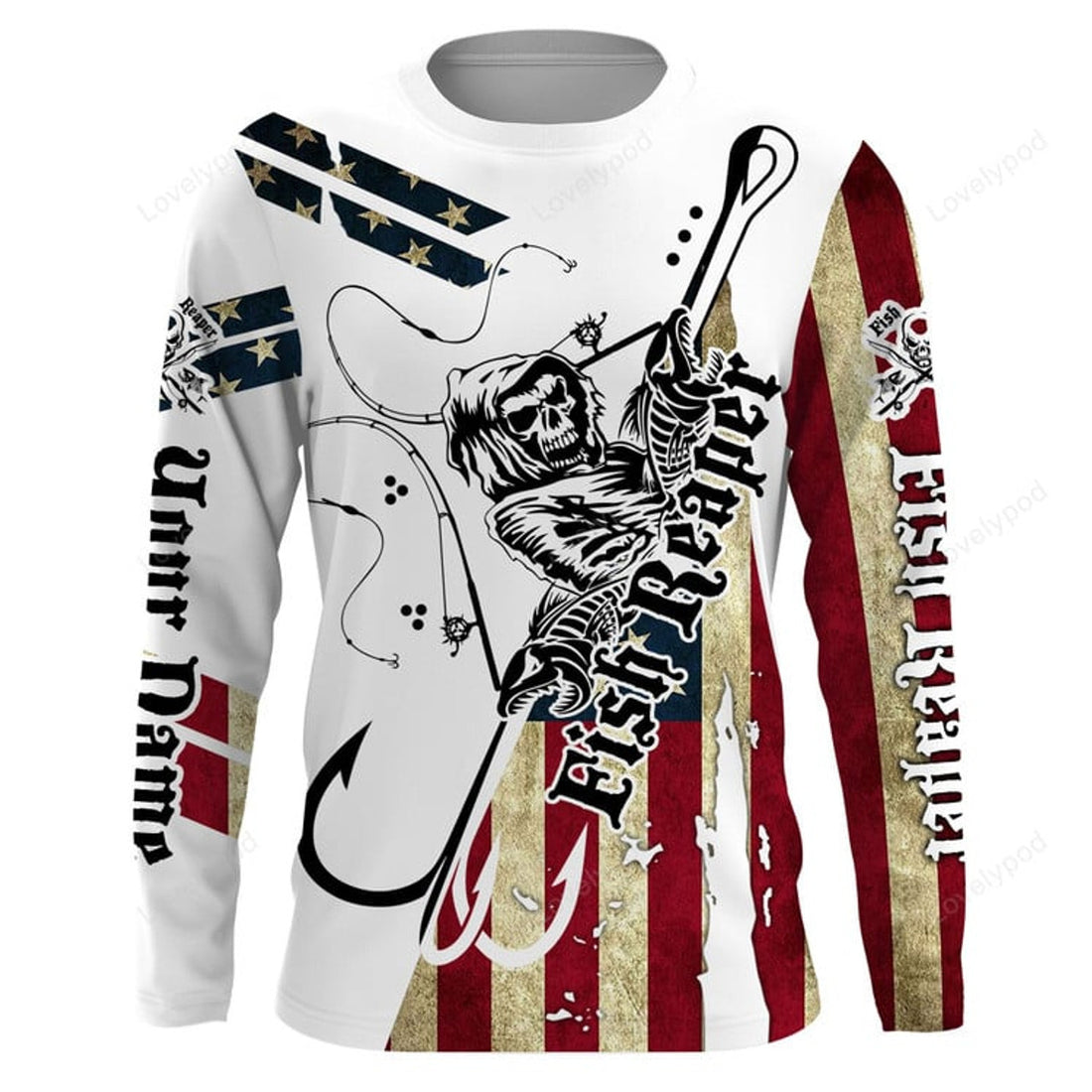 FUNSTUFFPRINT Custom Fish reaper American Flag Custom UV Long Sleeve Fishing Shirts, Patriotic Fishing gifts 3D Long Sleeve T-Shirt