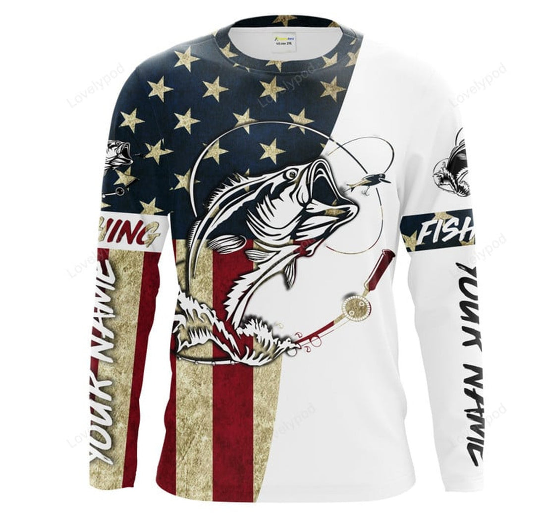 FUNSTUFFPRINT Custom Bass Fishing American Flag Long Sleeve Fishing Shirts, Patriotic Fishing gifts 3D Long Sleeve T-Shirt
