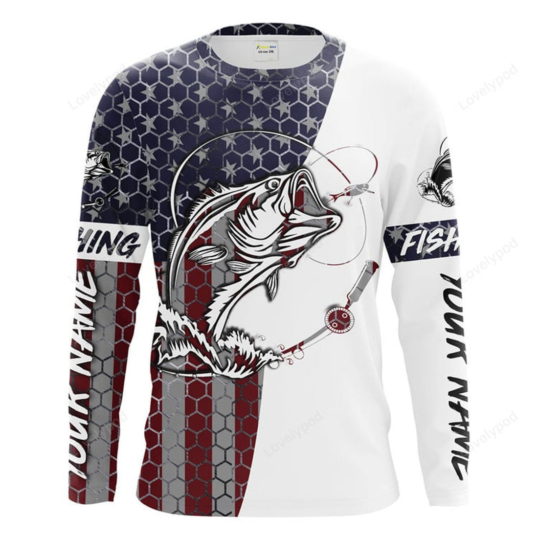 FUNSTUFFPRINT Custom Bass Fishing American Flag Custom Long Sleeve performance Fishing shirts, personalized Patriotic Bass Fishing jerseys 3D Long Sleeve T-Shirt