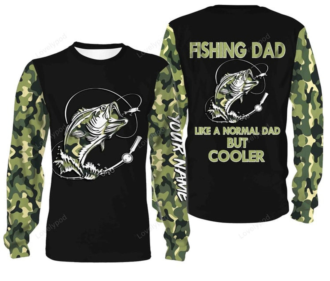 FUNSTUFFPRINT Custom Bass Fishing Dad Like A Normal Dad But Cooler Customize Name 3D All Over Printed Shirts, Personalized Gift For Father's day 3D Long Sleeve T-Shirt