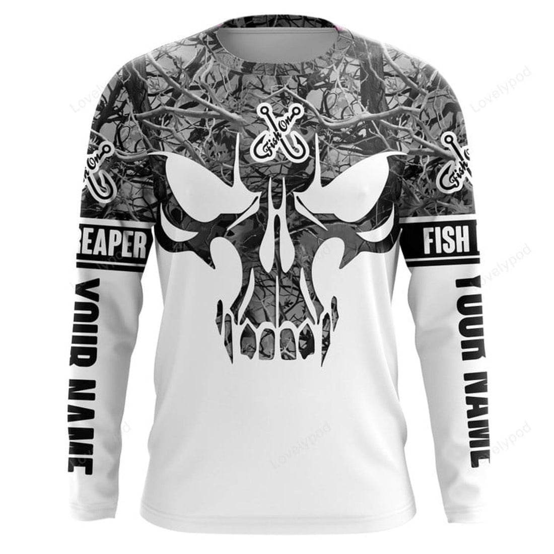 FUNSTUFFPRINT Custom Fishing Skull gray camo Fish On Fish Reaper Custom Long Sleeve Fishing Shirts, Fishing Jerseys 3D Long Sleeve T-Shirt