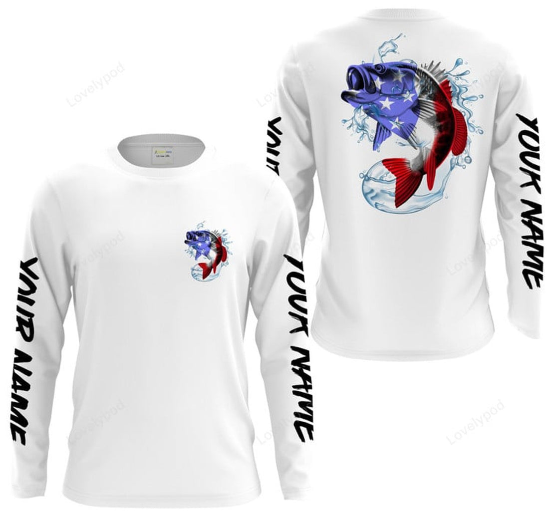 FUNSTUFFPRINT Custom Bass Fishing American Flag Custom Long sleeve Fishing Shirts, Patriotic Bass Fishing jerseys 3D Long Sleeve T-Shirt