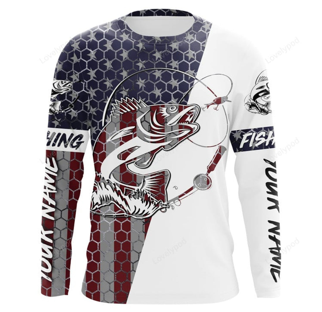 FUNSTUFFPRINT Custom Walleye Fishing American Flag Custom Long Sleeve Fishing shirts, personalized Patriotic Fishing jerseys for men 3D Long Sleeve T-Shirt