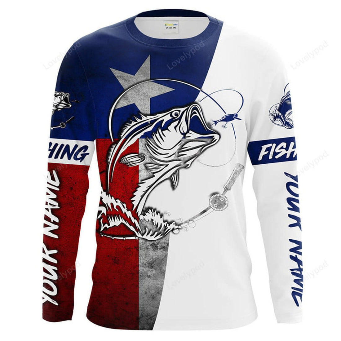 FUNSTUFFPRINT Custom Texas Bass Fishing Texas Flag Fishing Shirts for men 3D Long Sleeve T-Shirt
