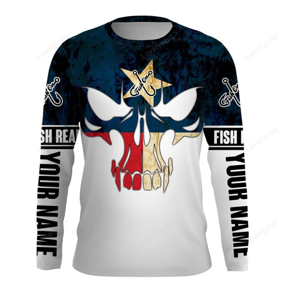 FUNSTUFFPRINT Custom Texas Flag Fishing skull Fish reaper Custom Long sleeve Fishing Shirts, personalized Patriotic Fishing gifts 3D Long Sleeve T-Shirt