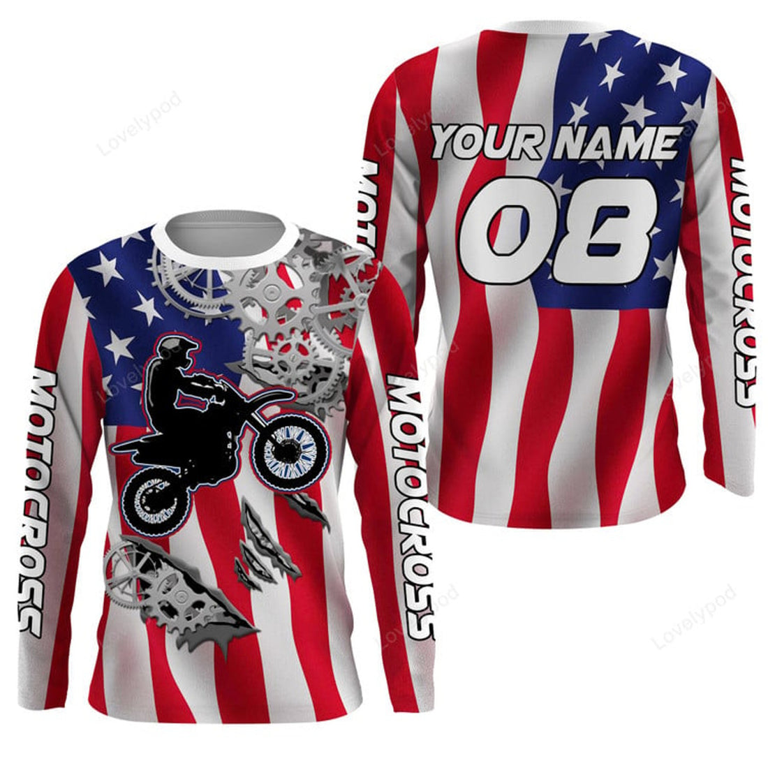 FUNSTUFFPRINT Custom American Flag Motocross jersey, custom name dirt bike sprocket off Long Sleeve T-Shirt for women 3D Long Sleeve T-Shirt