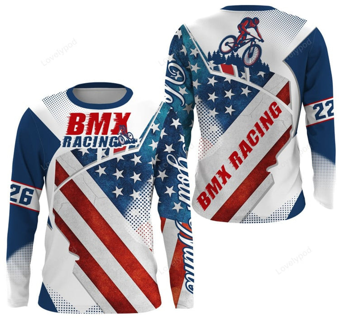 FUNSTUFFPRINT Custom Patriotic adult kid BMX jersey, USA bicycle motocross cycling tops American BMX riding shirt 3D Long Sleeve T-Shirt