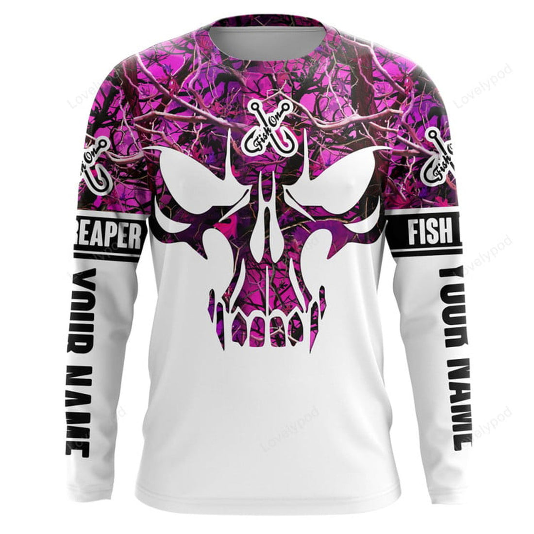 FUNSTUFFPRINT Custom Fishing Skull Fish On Fish Reaper Custom Long Sleeve Fishing Shirts, Women Fishing 3D Long Sleeve T-Shirt