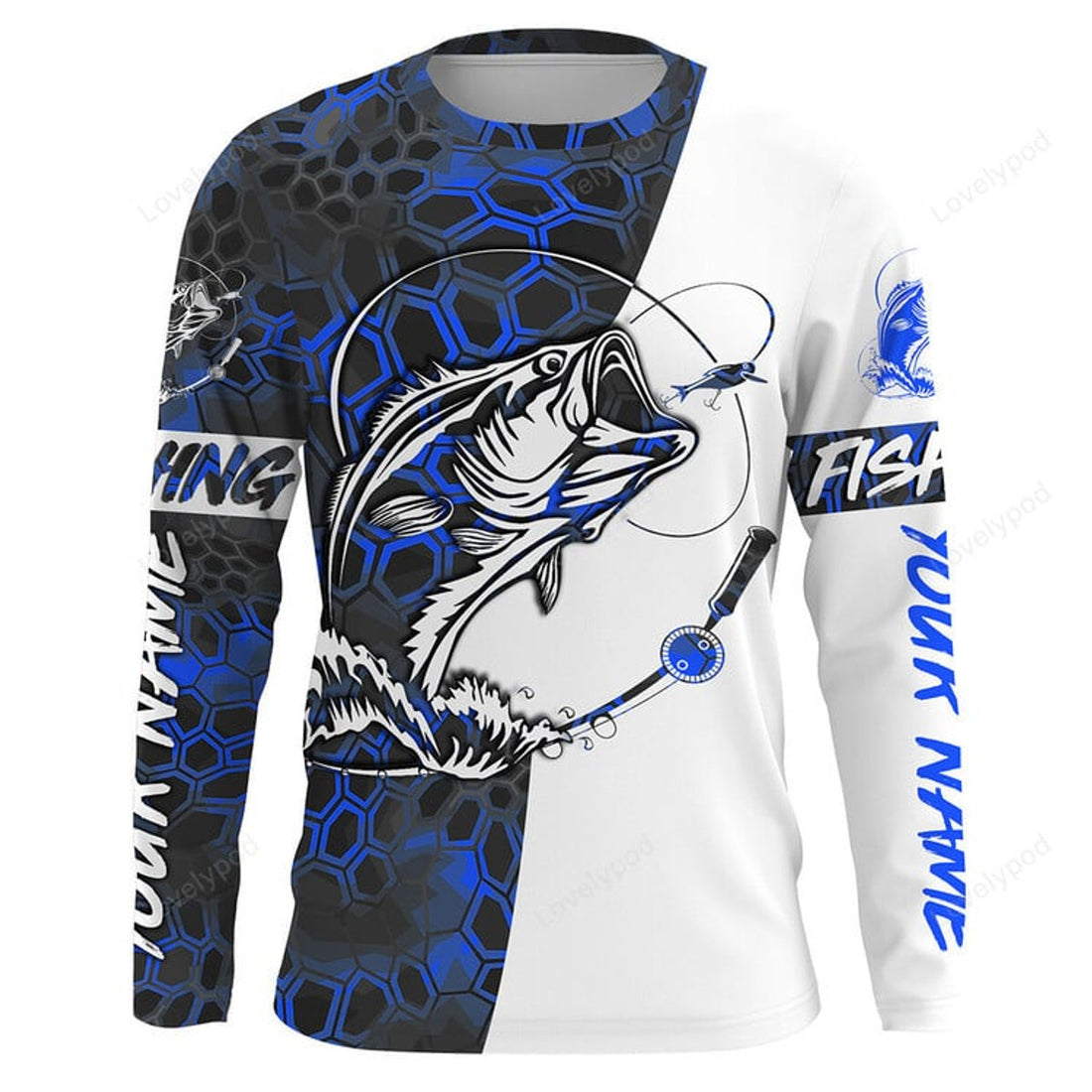 FUNSTUFFPRINT Custom Bass Fishing Camo Fishing Shirts, Personalized Fishing gifts for men blue camo 3D Long Sleeve T-Shirt