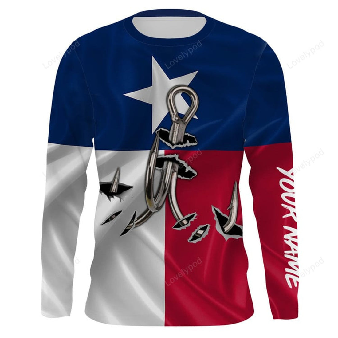 FUNSTUFFPRINT Custom Texas Flag Texas Fishing 3D Fish Hook UV Protection Long Sleeve, personalized fishing apparel gift 3D Long Sleeve T-Shirt