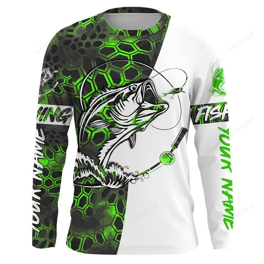 FUNSTUFFPRINT Custom green camo Bass Fishing Long Sleeve Fishing tournament shirts 3D Long Sleeve T-Shirt
