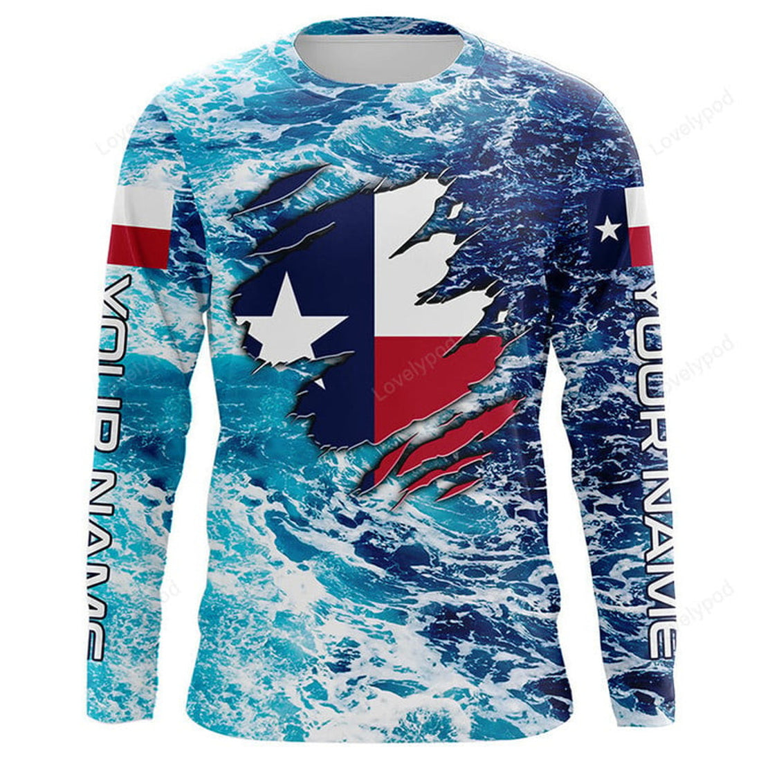 FUNSTUFFPRINT Custom Blue sea wave ocean camo Texas flag patriot shirt, sun protection fishing 3D Long Sleeve T-Shirt