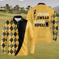 FUNSTUFFPRINT Swing Swear Drink Repeat Mens Long Sleeve Polo Shirt, Golf Shirts For Men