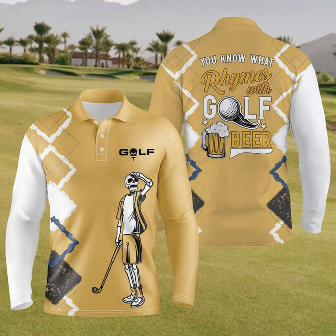 FUNSTUFFPRINT Mens Skull & Beer Long Sleeve Polo Shirt, Golf Shirts For Men, You Know What Rhymes With Golf Beer