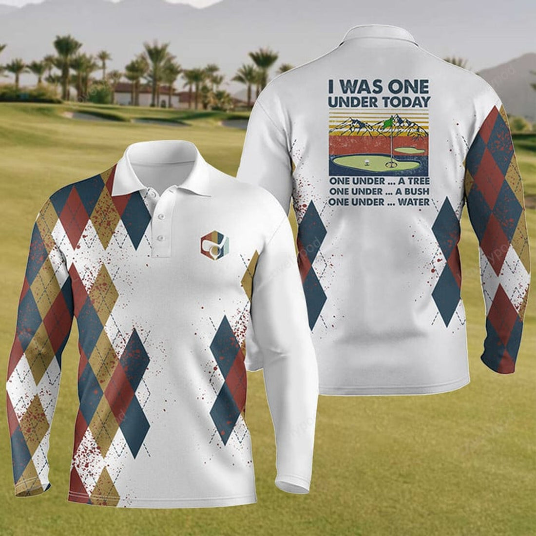 FUNSTUFFPRINT Mens I Was One Under Today Long Sleeve Polo Shirt, Golf Shirts For Men