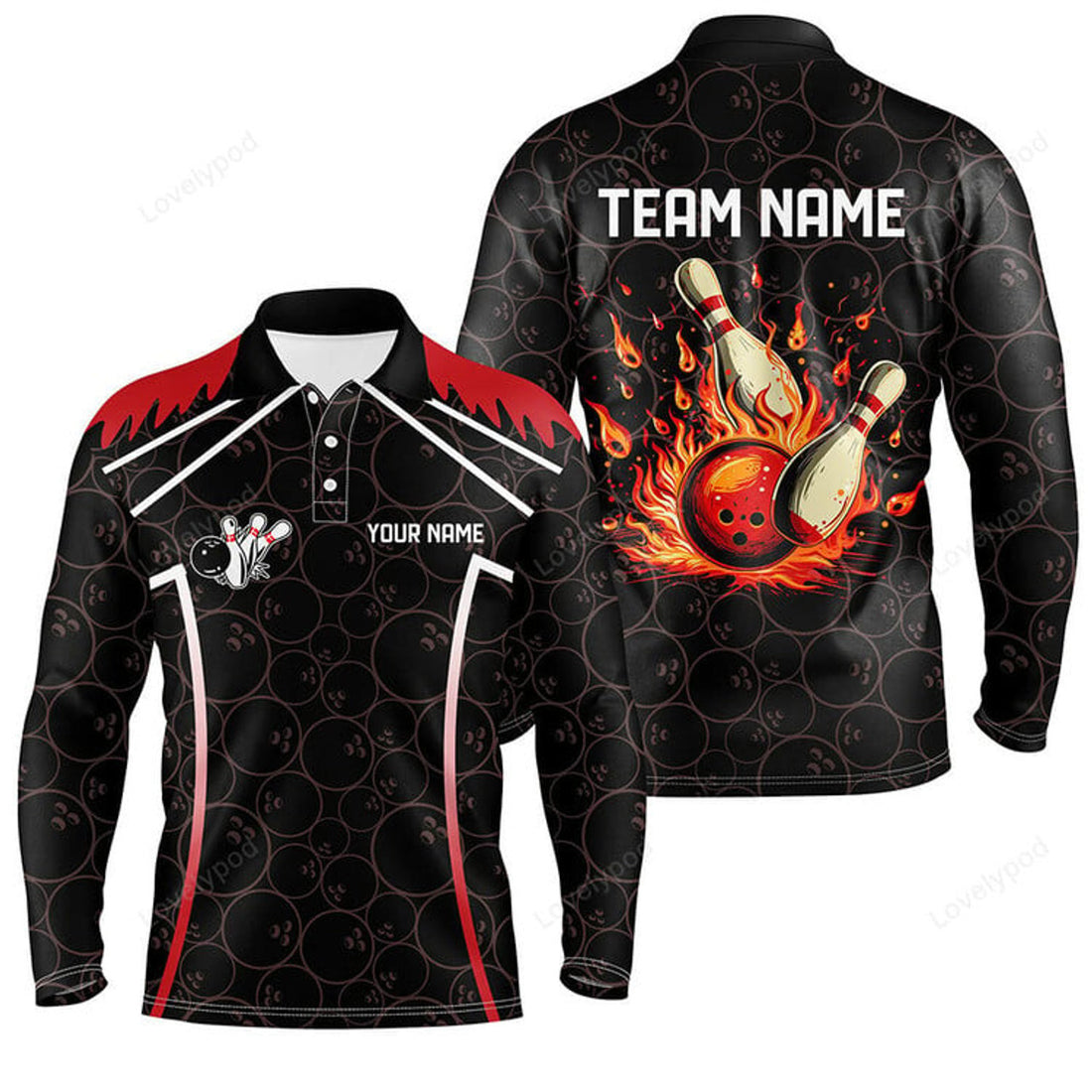 FUNSTUFFPRINT Black Camo Bowling League Long Sleeve Polo Shirt, Custom Retro Flame Bowling Shirts For Team Bowlers