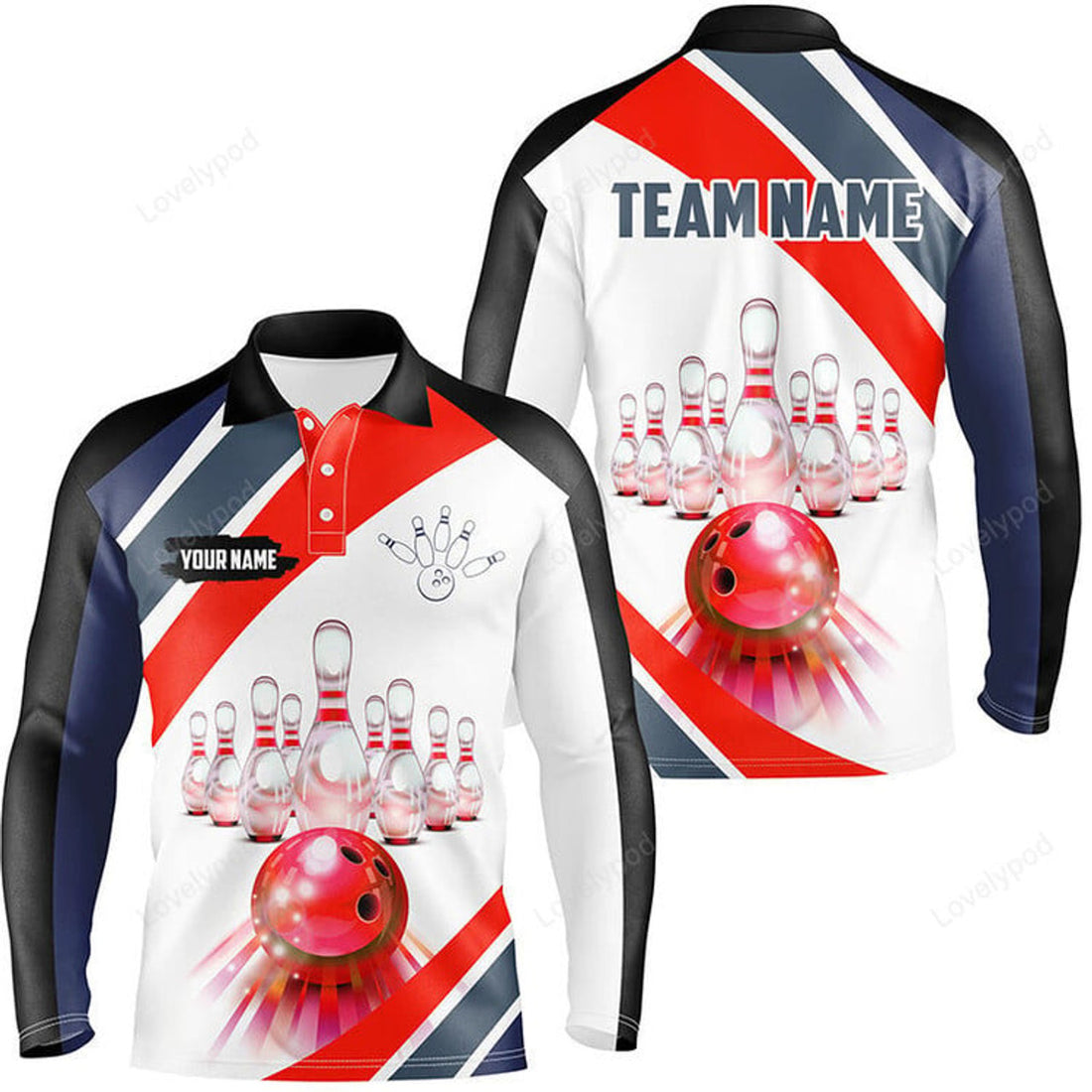 FUNSTUFFPRINT Red Light Bowling Long Sleeve Polo Shirt, Custom Bowling Ball And Pins Team League Jerseys