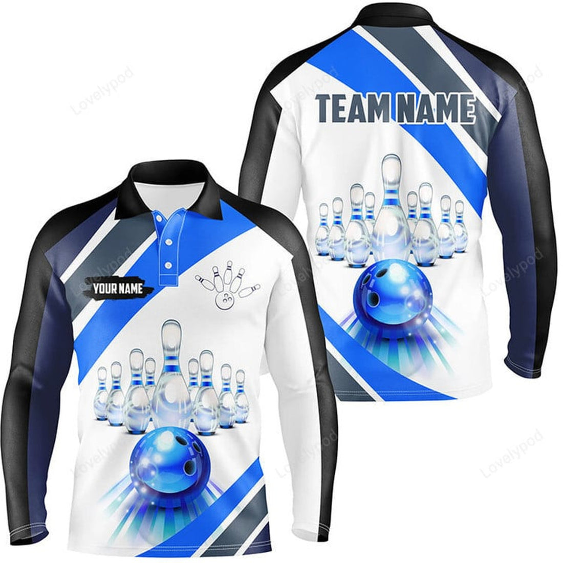 FUNSTUFFPRINT Blue Light Bowling Long Sleeve Polo Shirt, Custom Bowling Ball And Pins Team League Jerseys
